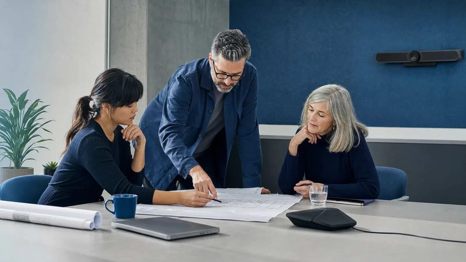 Рабочая сцена с конкретным действием специалистов: Microsoft Teams для бизнеса: лицензии, телефония и что входит